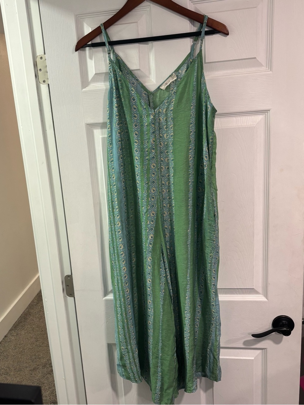 Millibon USA Light Green and Blue Patterned V-Neck Jumpsuit